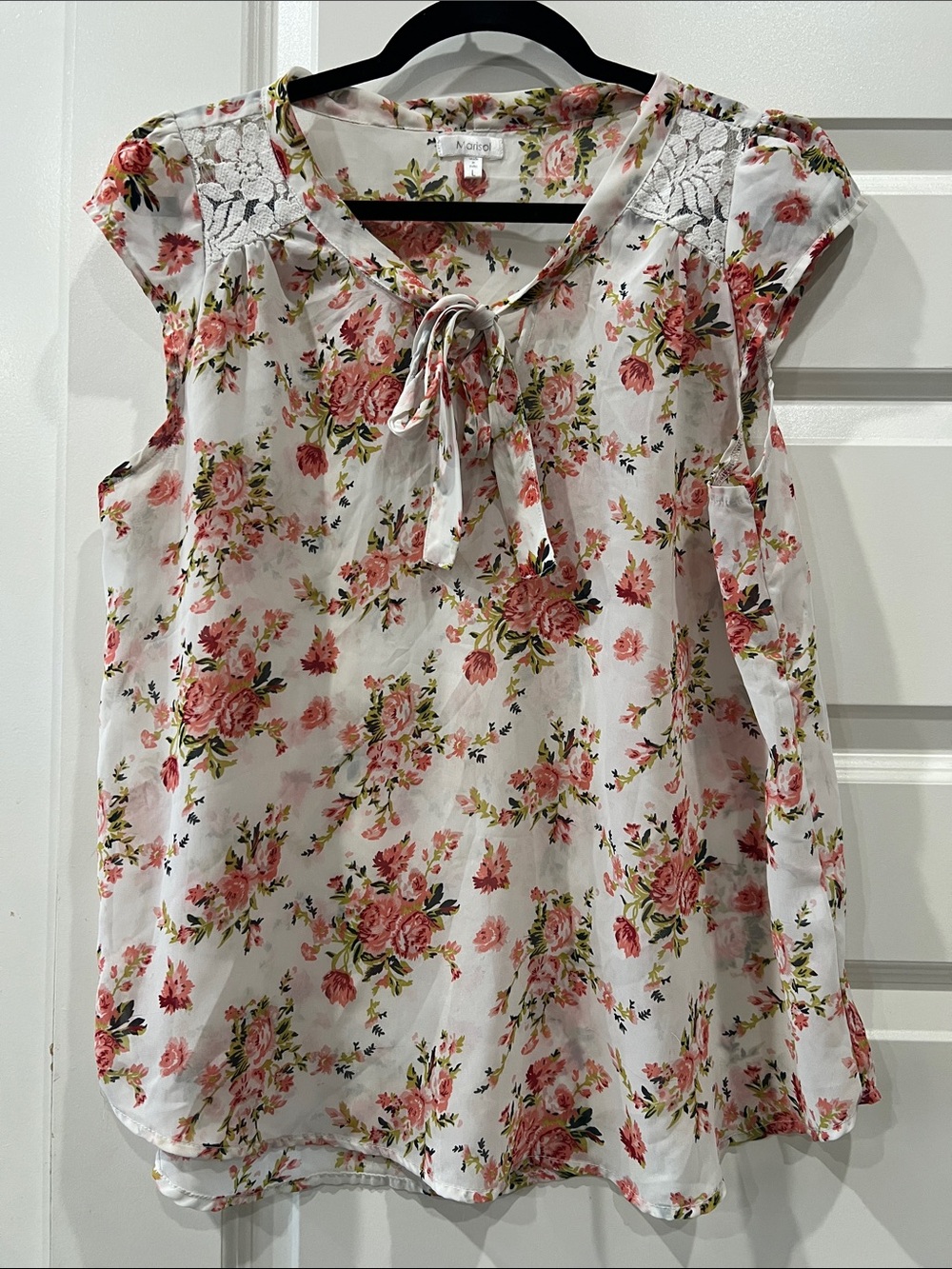 Marisol White/Coral Floral Tie-Neck Blouse sz L